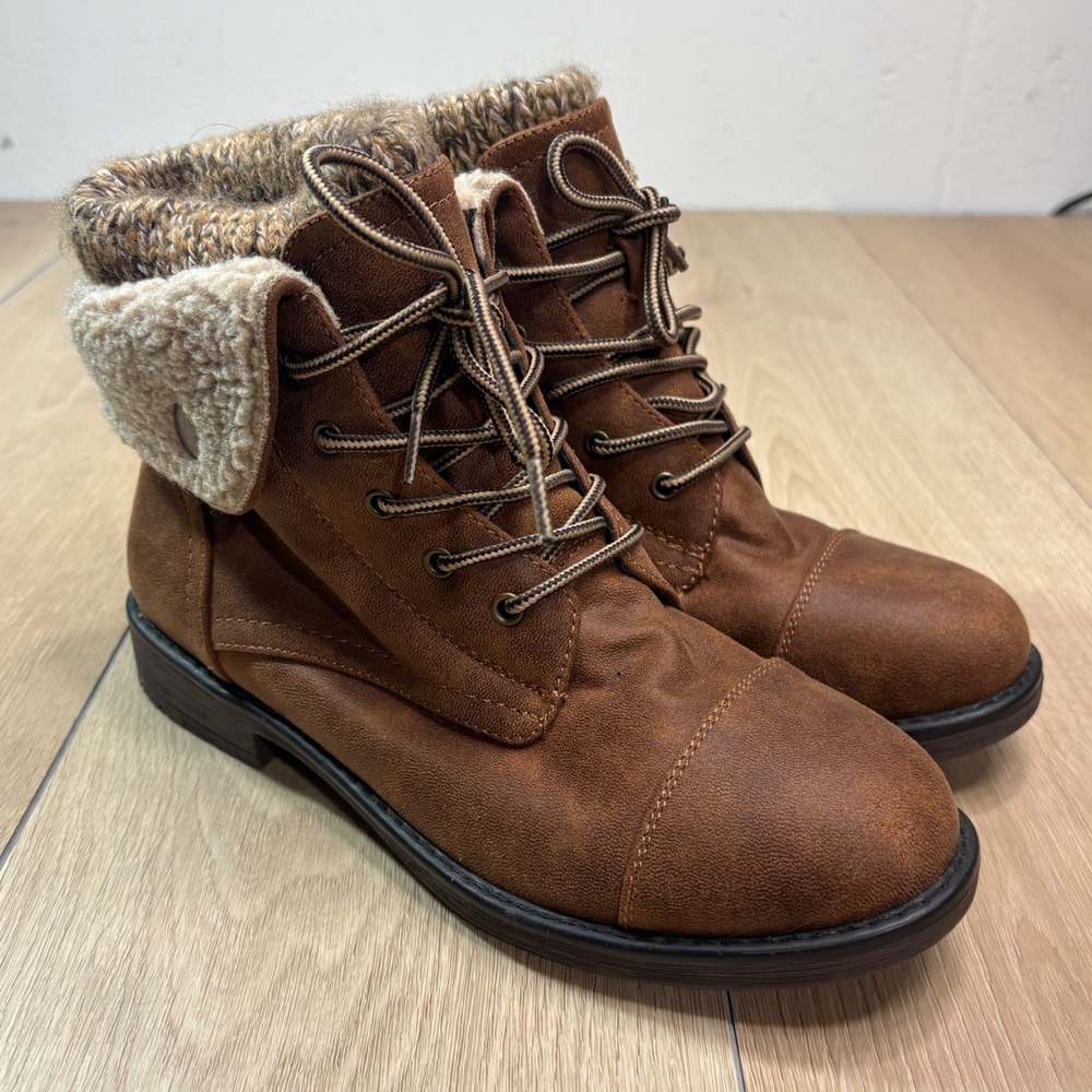 Cliffs by White Mountain Duena Brown Lace Up Ankle Boots Faux Fur Cuff 7.5M